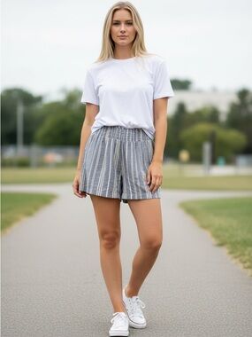 Time and Tru BLUE  Striped High Waist Shorts
